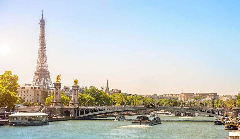 Eiffel Tower and Bridge Alexandre III over Seine River, Paris